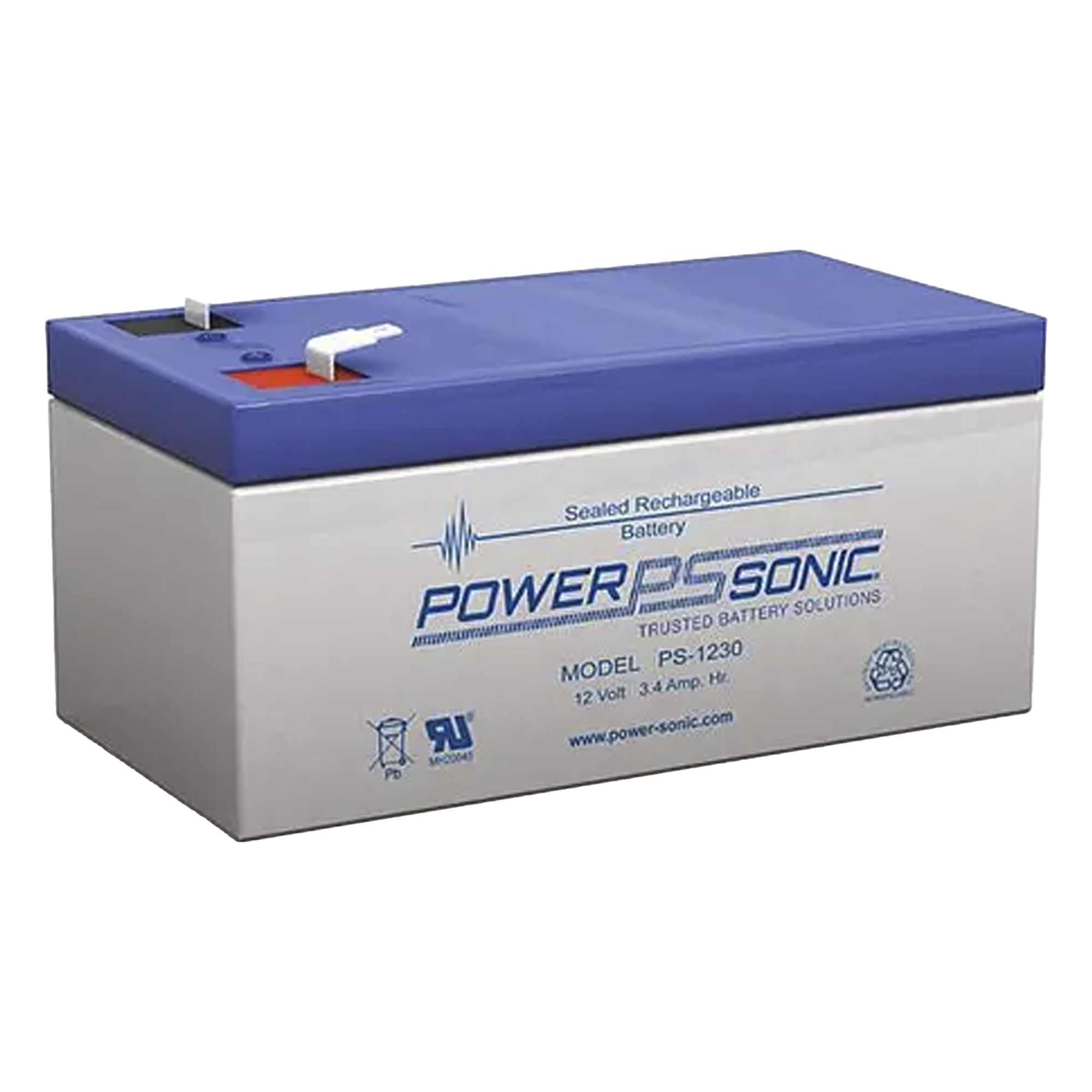 Batería de Respaldo AGM/VRLA / 12V / 3.4 Ah @20hr / 5 Años Vida Útil / Terminales F1 / Caja ABS Resistente — POWER SONIC · SKU PS-1230-F1