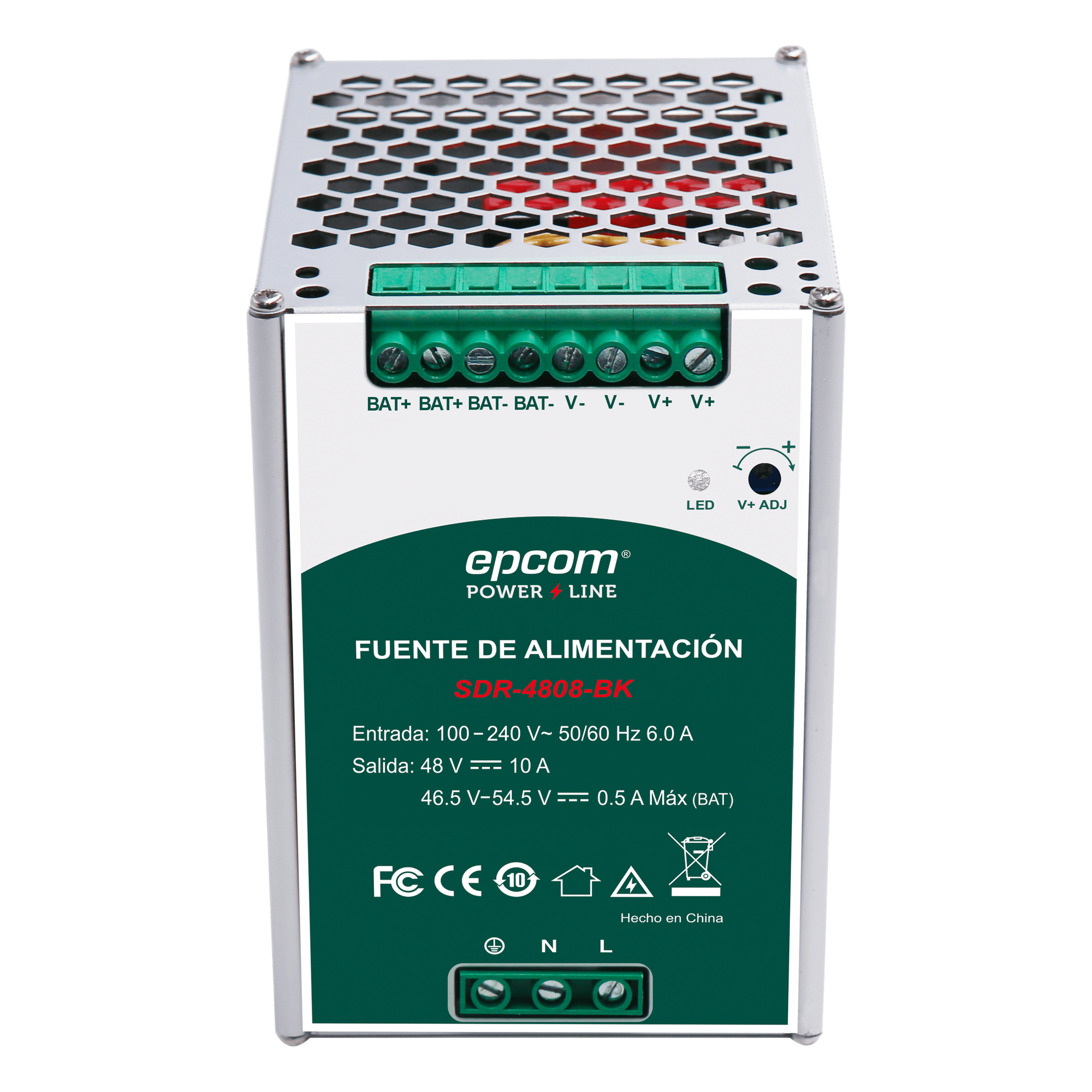 Fuente de Alimentación Industrial DIN Riel / 480 W / Salida 48 VCC 10 A / Eficiencia ≥93% / Carga de Batería / -20°C a 70°C — EPCOM POWERLINE · SKU SDR4808BK