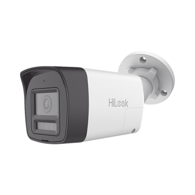 [Audio Bidireccional + Dual Light + ColorVu] Bala TURBOHD 2 Megapixel (1080p) / Lente 2.8 mm / 30 mts IR EXIR + 20 mts Luz Blanca / Micrófono y Bocina Integrado / Exterior IP67 / Metal / dWDR — HiLook by HIKVISION · SKU THC-B127-LTS
