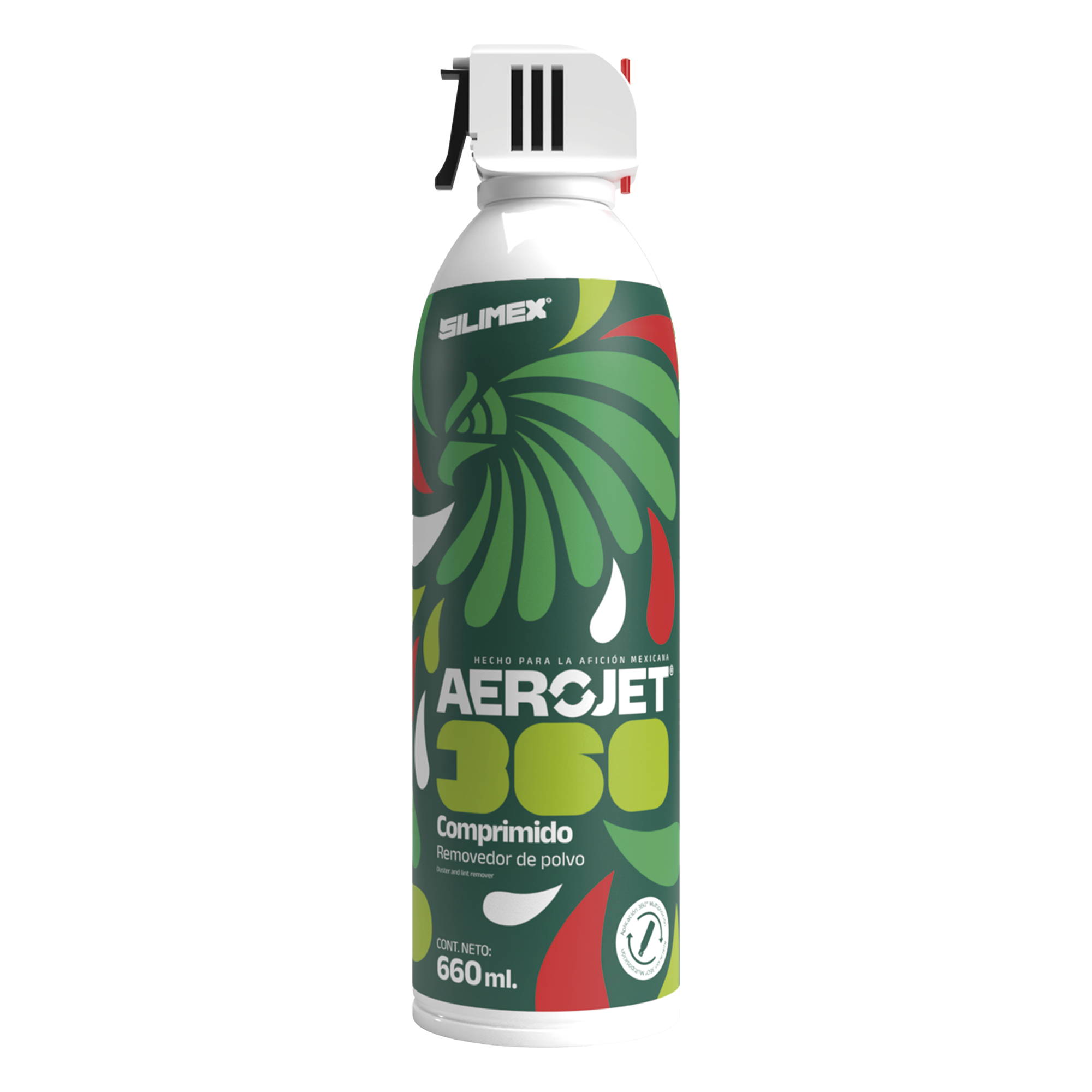 Removedor de polvo y residuos (aire comprimido) con aplicación 360º para limpieza de equipos electrónicos, válvula anti-estallamiento, 660 ml — SILIMEX · SKU AEROJET360-MEX