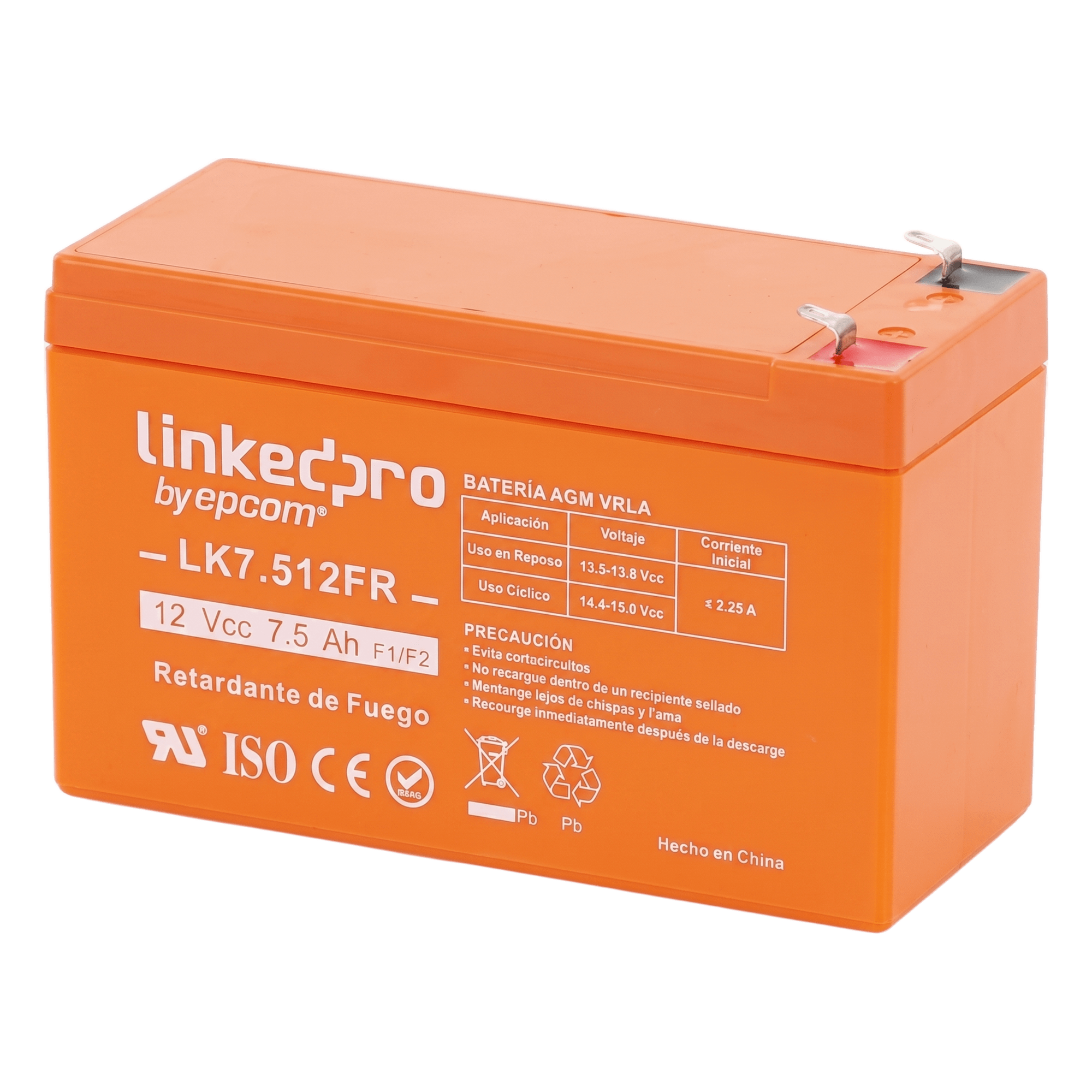 Batería de respaldo 12 V | 7.5 Ah | AGM | Certificada UL94-V0 Retardante a la Flama | Especial para Seguridad Electrónica | UPS | Sistemas de Emergencia | Vida útil 5 años | Terminales F1 + Adaptador F2 — LINKEDPRO BY EPCOM · SKU LK7.512FR