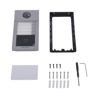 Videoportero IP 2 Megapixel / Llamada y Apertura Remota desde App Hik-Connect (Requiere monitor )/ PoE / Exterior IP65 + Antivandalico IK08 / 4 Departamento / Apertura con Tarjeta / Soporta 2 Puertas y hasta 6 Monitores