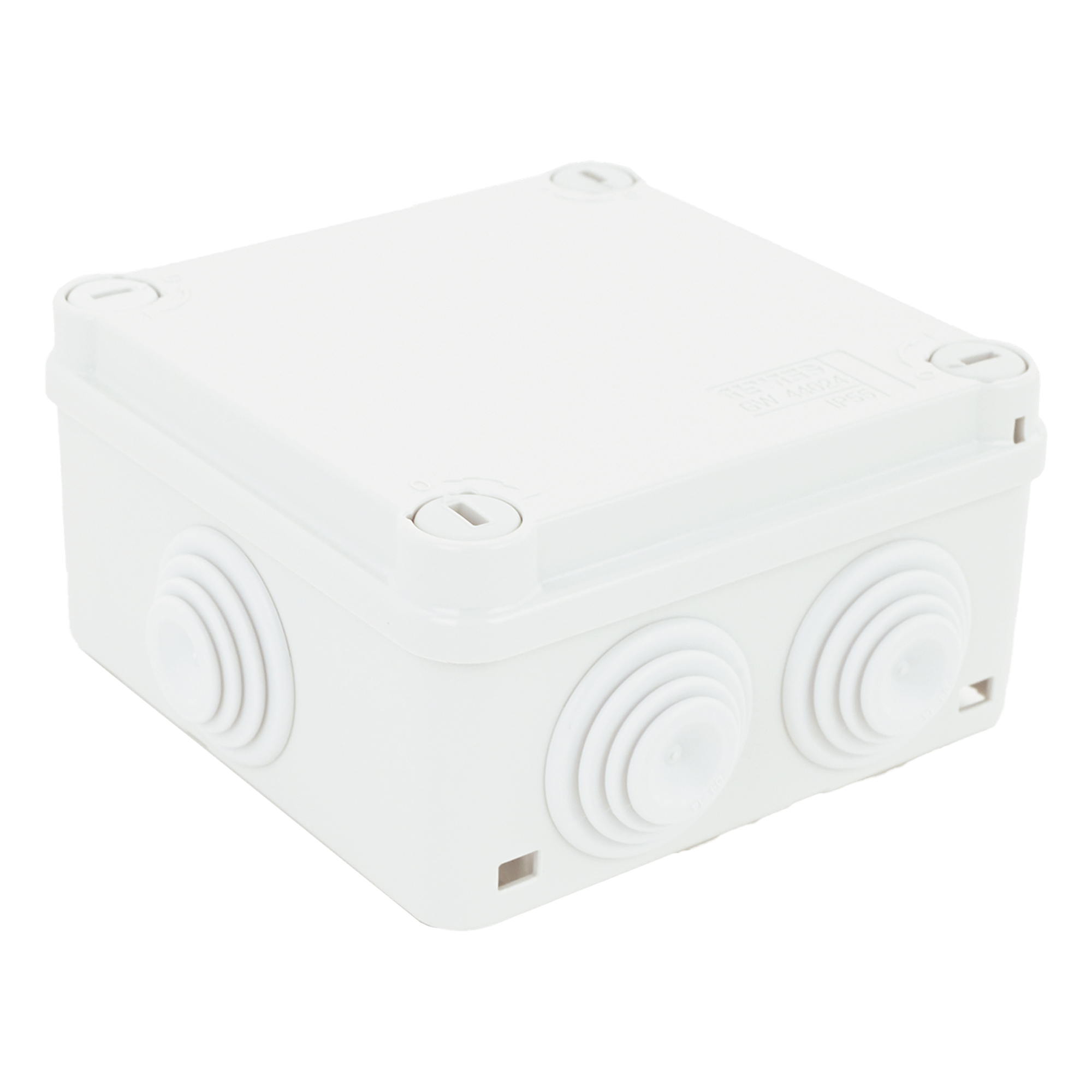 Caja Estanca de PVC Para Derivación y Conexión, 6 Entradas, Tapa con Tornillo de 1/4" de Vuelta, 100x100x50 mm (Área Interna), Uso Exterior IP55, Material que no Propaga el Fuego y Libre de Hálogenos — GEWISS · SKU GW-44-024