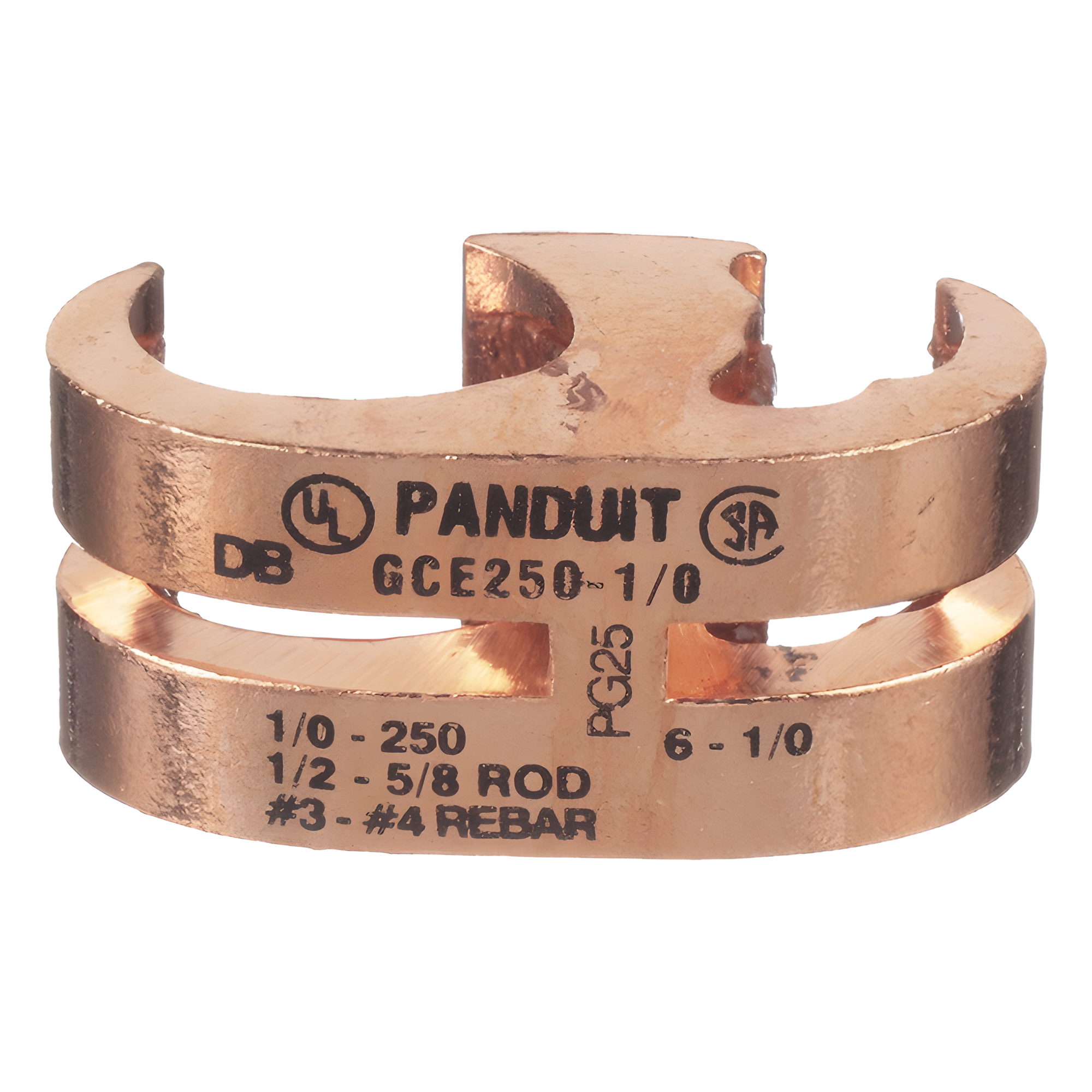 Conector de Conexión a Tierra tipo "E" para Conductor 1/0 AWG STR – 250 KCMIL MAIN y 6 AWG SOL – 1/0 AWG STR TAP — PANDUIT · SKU GCE250-1/0-Q