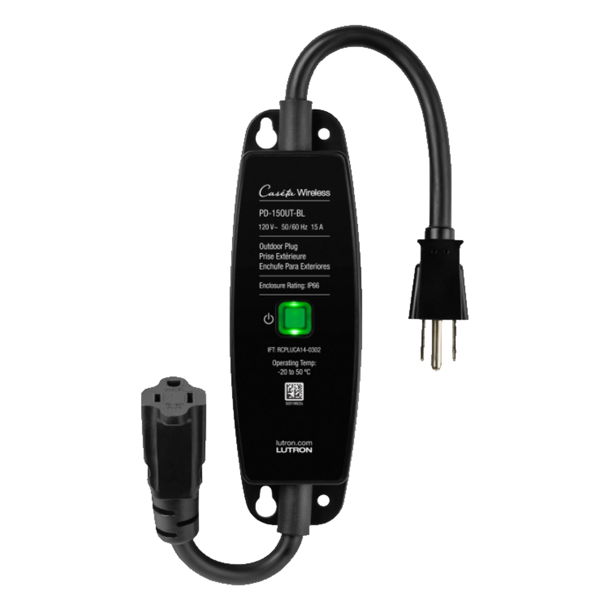 Enchufe inteligente para exteriores de 120 V y 15 A para iluminación y motores de 1/2 HP, con control Pico directo o app y geovallado mediante Smart Bridge, Caseta Wireless — LUTRON CASETA WIRELESS · SKU PD15OUTBL