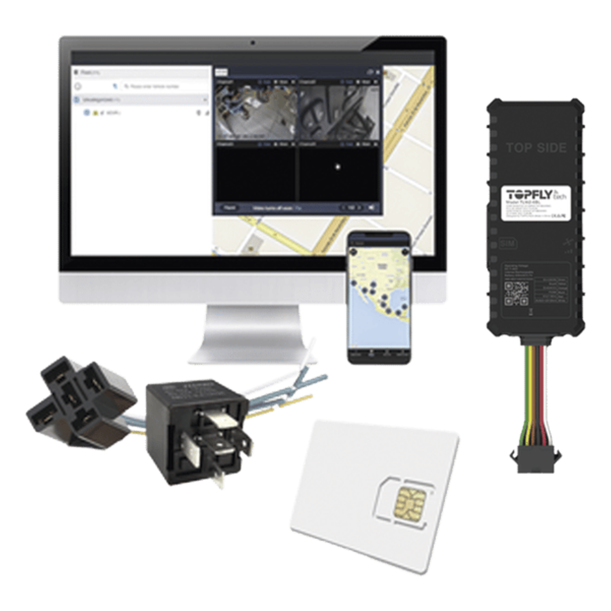 Kit Dispositivo TLW26BL para localización para vehículos / Conectividad 4G LTE y BLE 5.0 / Diferentes tipos de notificaciones / Corte y restablecimiento de energía / Relay + EPCOMGPSCODE + SIM500MB2Y — TopFlyTech · SKU TLW26BLKITCODE