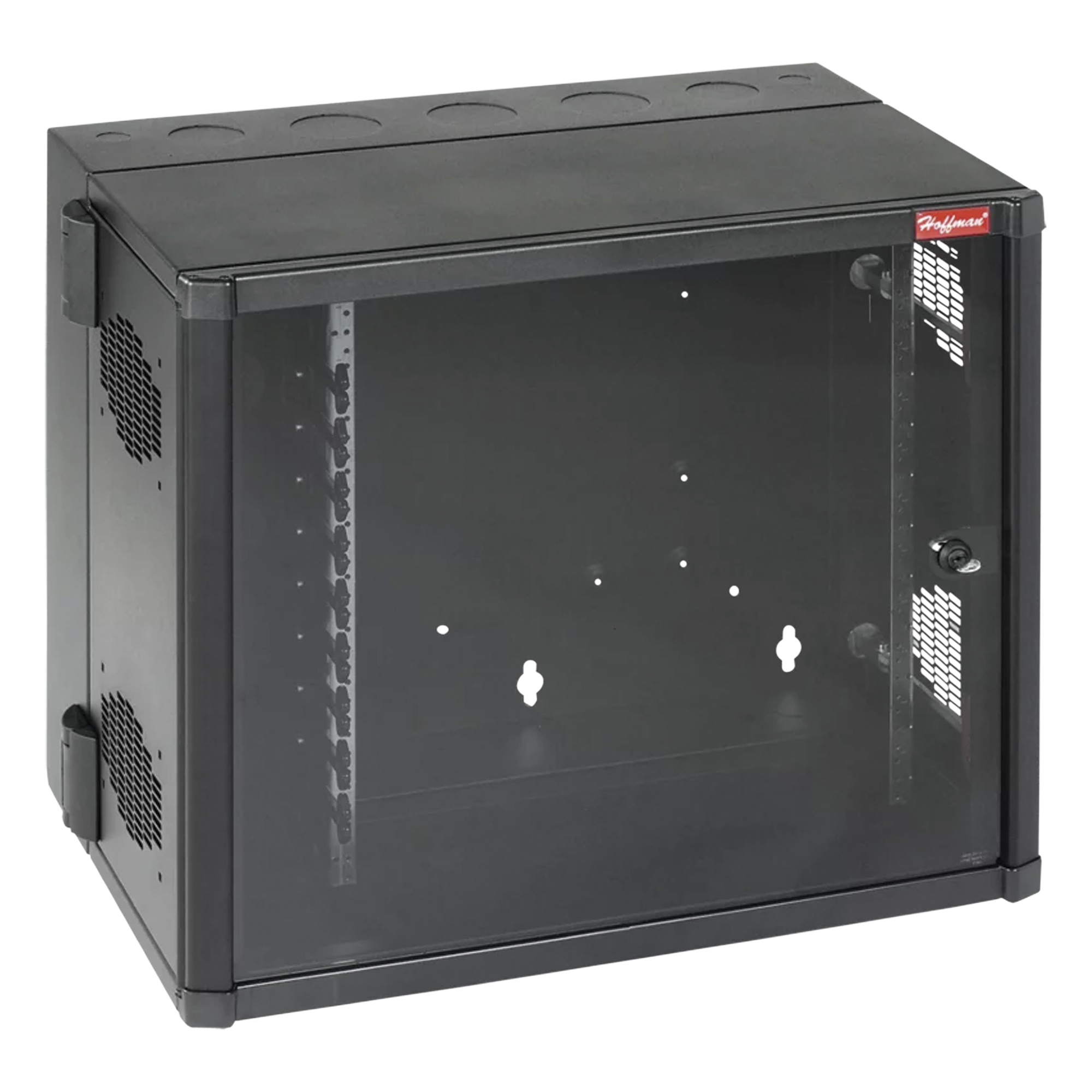 Gabinete AccessPlus de 12 UR Montaje en Pared de 19in, Rieles Numerados y Roscados #10-32, Puerta con Ventana de Seguridad, 700 mm de Ancho, 637 mm de Profundidad, Color Negro — HOFFMAN · SKU EWMW242825