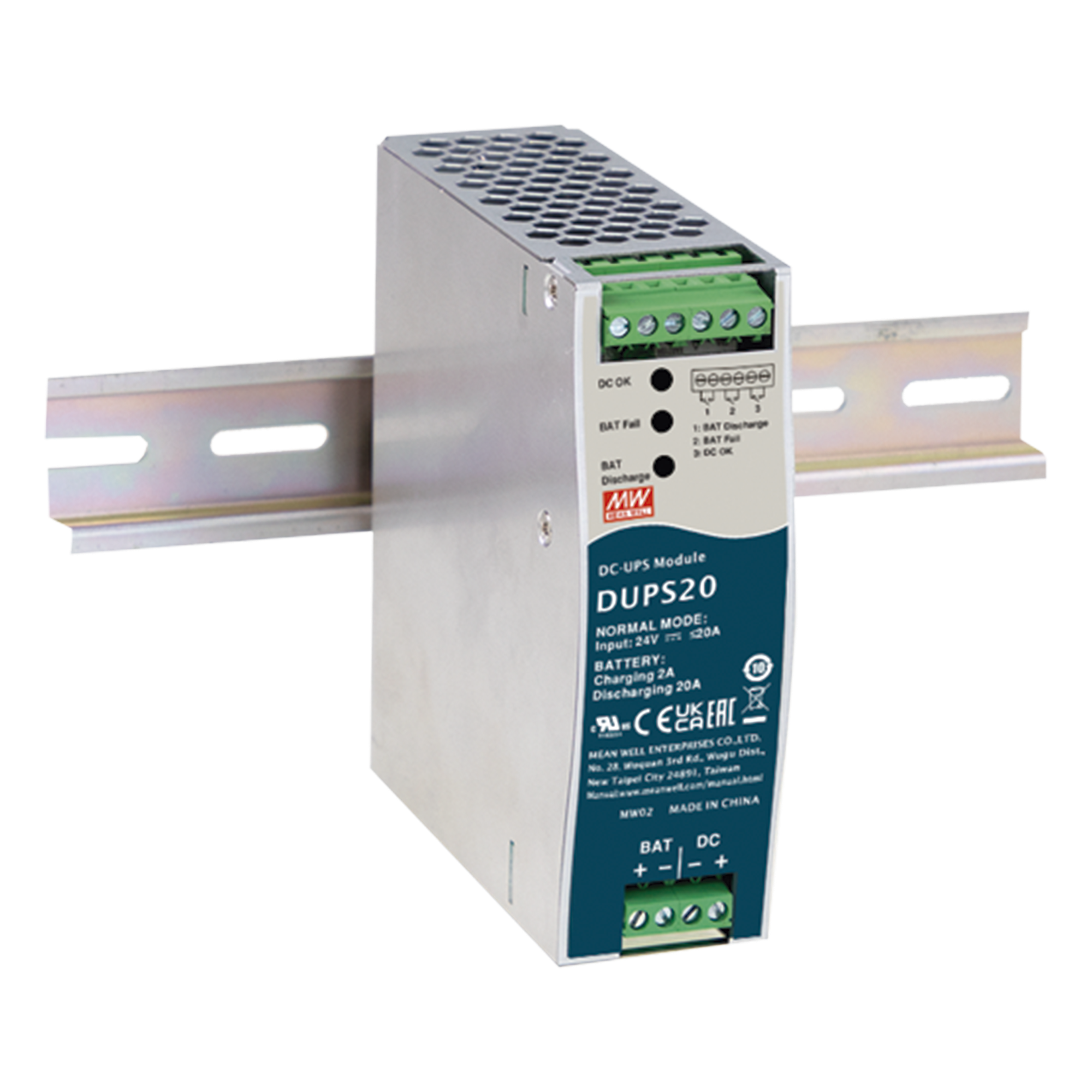 UPS PARA CD / 24VCD 20A / RIEL DIN / PARA BATERÍAS DE 4 A 135 AH — MEANWELL · SKU DUPS20