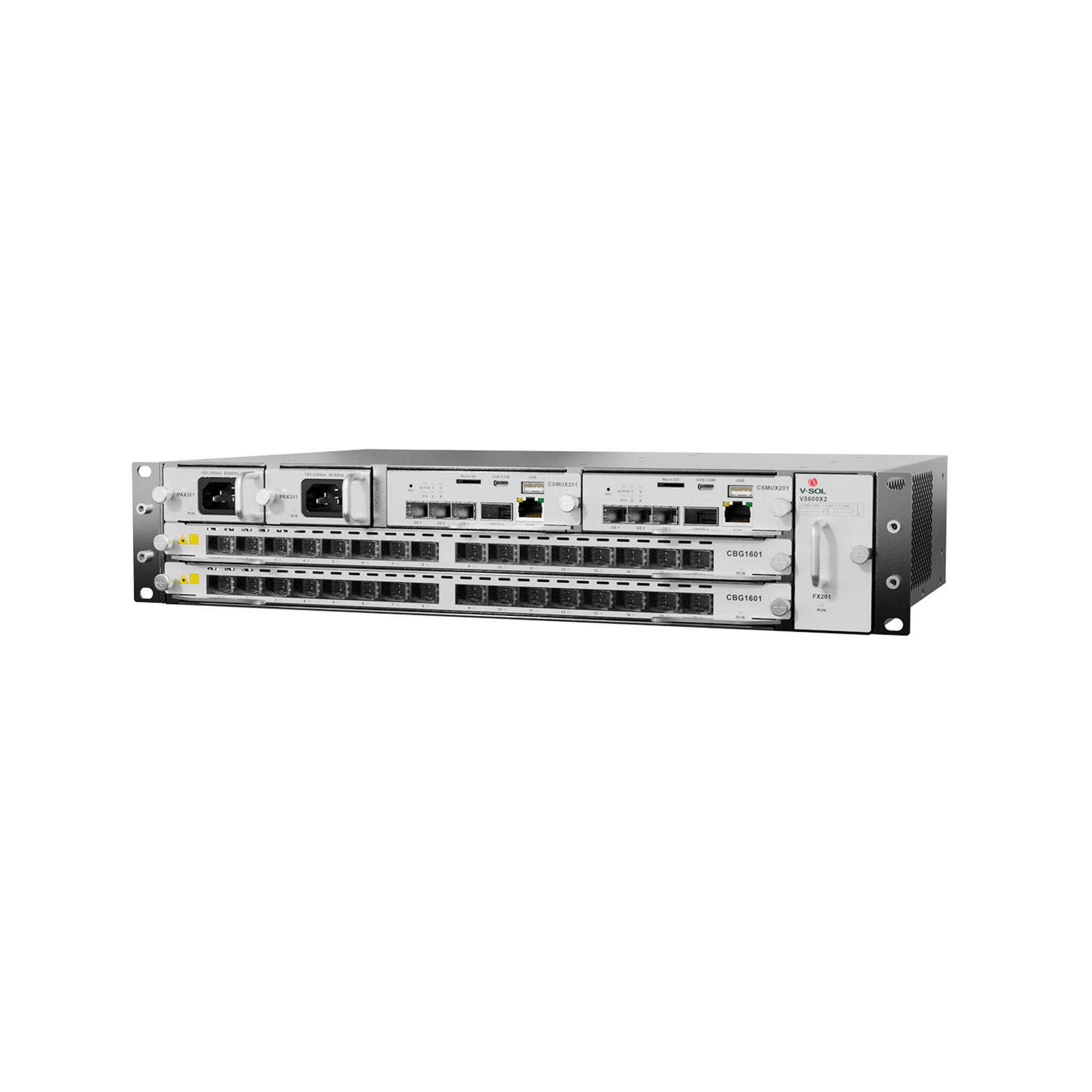 OLT Modular tipo Chasis GPON/XGS-PON Combo,1 Tarjeta de Servicio de 16 Puertos GPON, 2 Ranuras, 2 Fuentes de Alimentación AC, 2 UR
