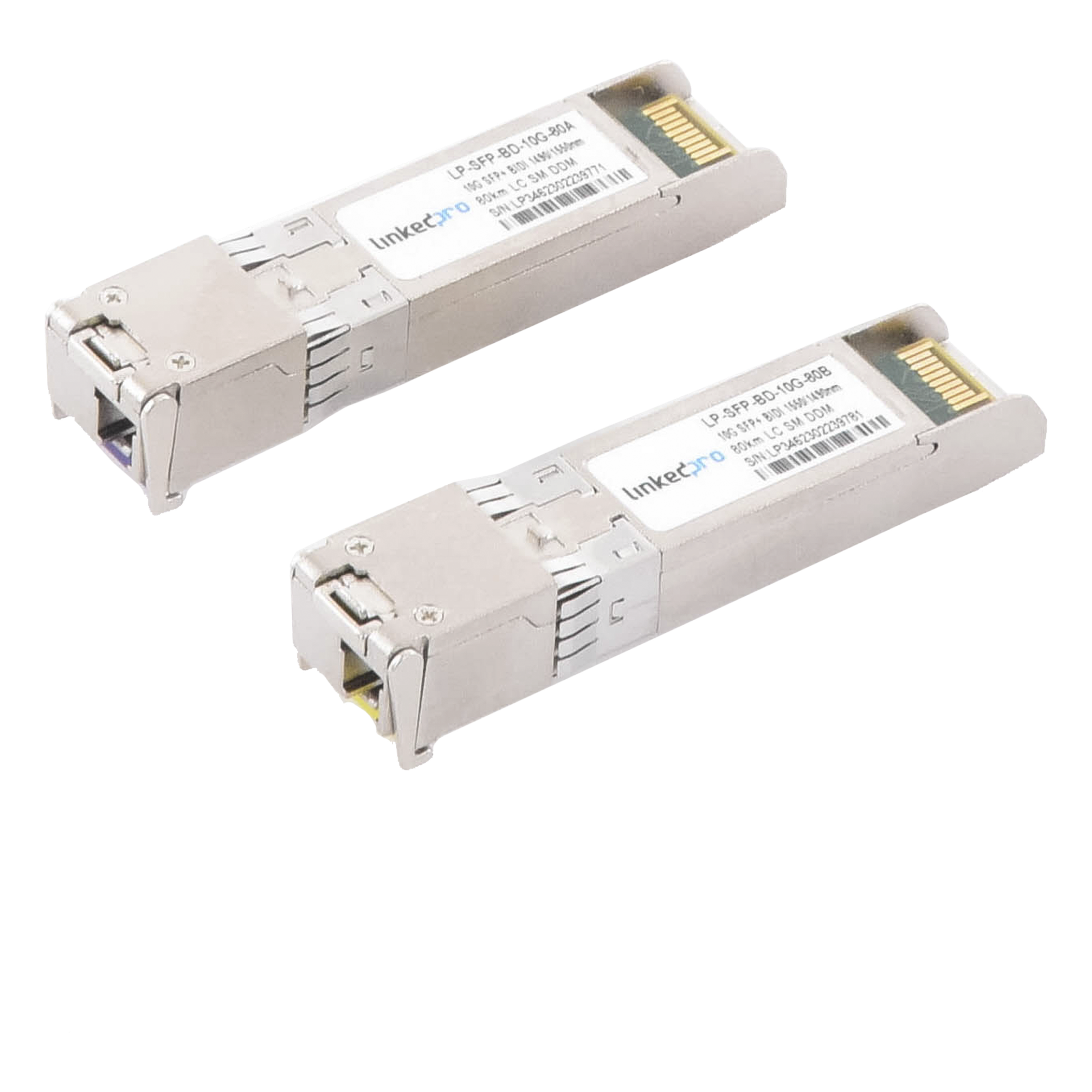 Transceptores Ópticos Bidireccionales SFP+ (Mini-Gbic) / Monomodo 1490 & 1550 nm / 10 Gbps / 10GBASE-BX / Conector LC/UPC Simplex / DDM / Hasta 80 km / 2 Piezas — LINKEDPRO BY EPCOM · SKU LP-SFP-BD-10G-80